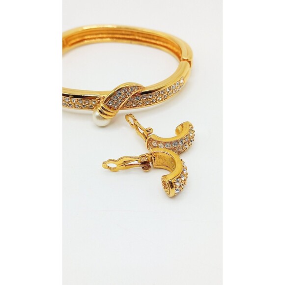 Swarovski Bangle Bracelet & Earrings Crystals & Faux Pearl Gold Tone Swan Mark - Picture 3 of 10